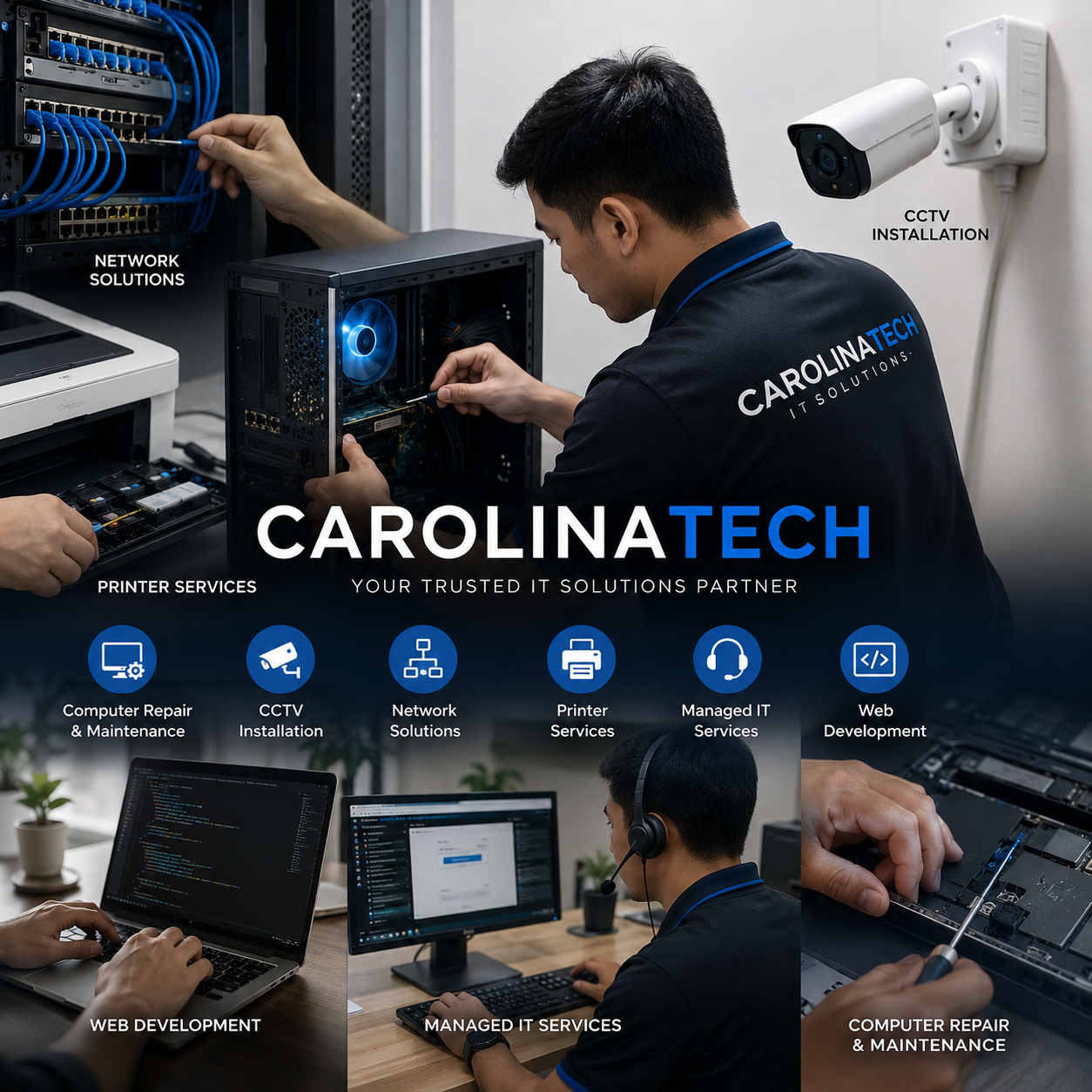 IT technician repairing a desktop computer with blue lighting